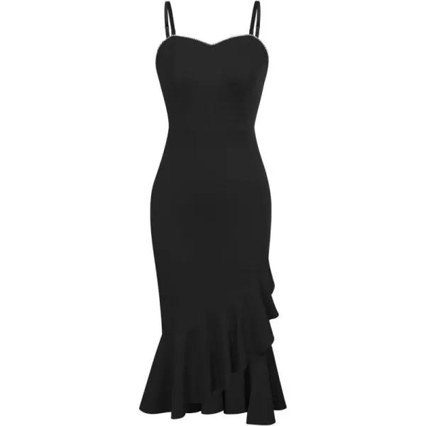 GRACE KARIN Women Mermaid Bodycon Dress V Neck Spaghetti Strap Side Split Ruffle Hem Midi Formal Cocktail DressesBlack