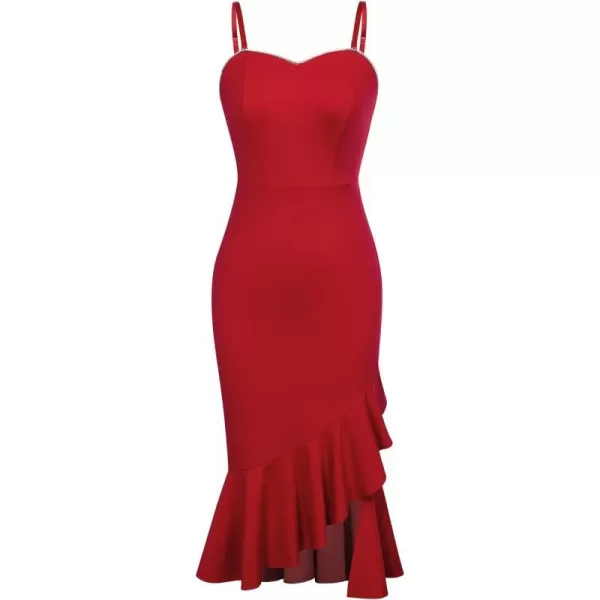 GRACE KARIN Women Mermaid Bodycon Dress V Neck Spaghetti Strap Side Split Ruffle Hem Midi Formal Cocktail DressesRed