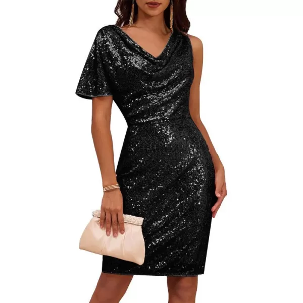 GRACE KARIN Women One Sleeve Cowl Neck Sequin Dress Formal Sparkly Glitter Evening Club Cocktail Party DressesBlack