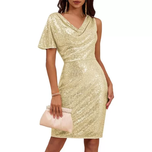 GRACE KARIN Women One Sleeve Cowl Neck Sequin Dress Formal Sparkly Glitter Evening Club Cocktail Party DressesChampagne Gold