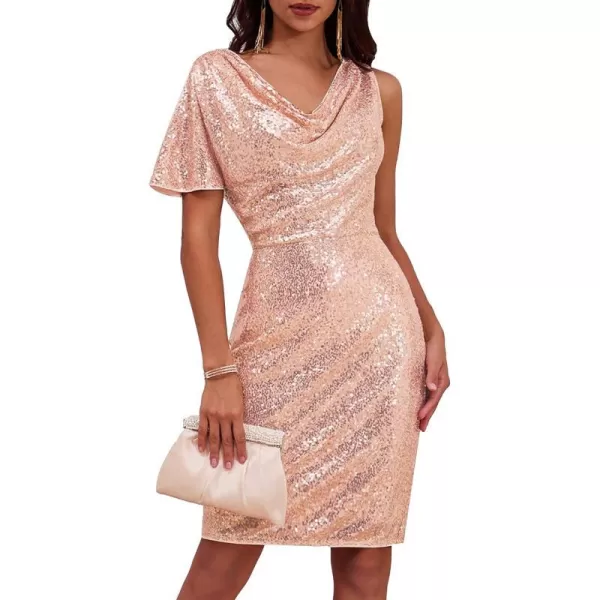 GRACE KARIN Women One Sleeve Cowl Neck Sequin Dress Formal Sparkly Glitter Evening Club Cocktail Party DressesRose Gold