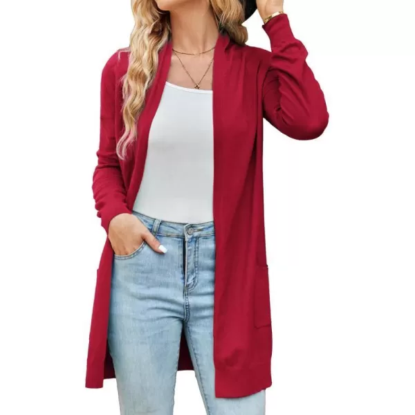 GRACE KARIN Women Open Front Cardigan Sweaters Pockets Long Sleeve ShrugsCrimson Red