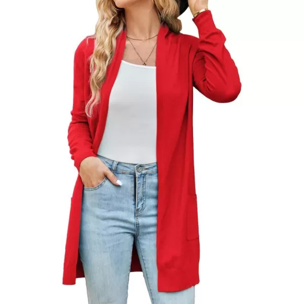 GRACE KARIN Women Open Front Cardigan Sweaters Pockets Long Sleeve ShrugsRed