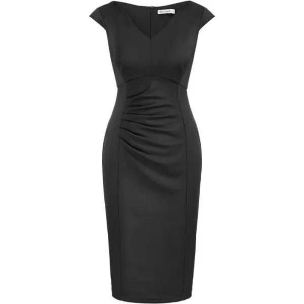 GRACE KARIN Women Ruched Bodycon Dress Cap Sleeve VNeck Knee Length Work DressBlack