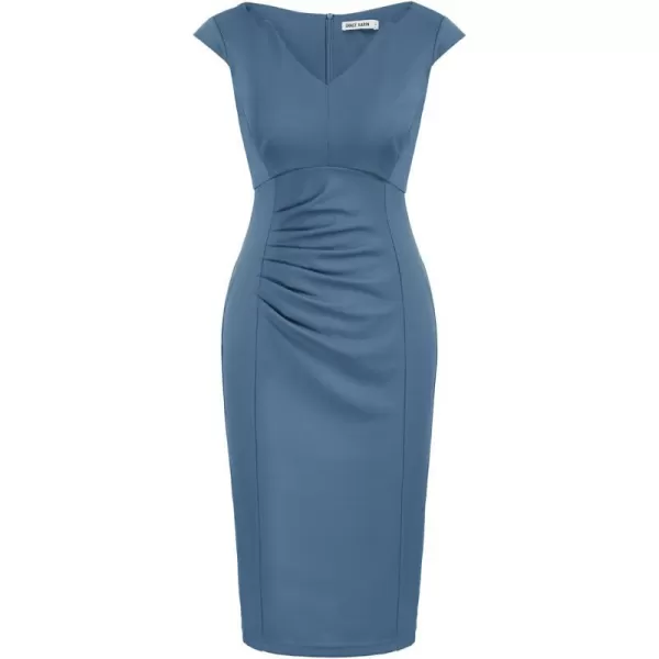 GRACE KARIN Women Ruched Bodycon Dress Cap Sleeve VNeck Knee Length Work DressBlue