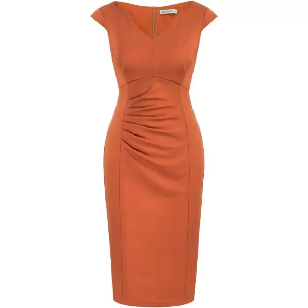 GRACE KARIN Women Ruched Bodycon Dress Cap Sleeve VNeck Knee Length Work DressDark Orange