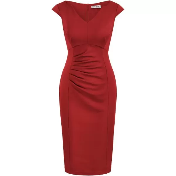 GRACE KARIN Women Ruched Bodycon Dress Cap Sleeve VNeck Knee Length Work DressRed