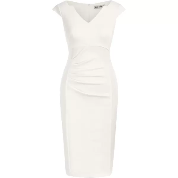 GRACE KARIN Women Ruched Bodycon Dress Cap Sleeve VNeck Knee Length Work DressWhite