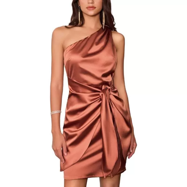 GRACE KARIN Women Satin Dress Cocktail One Shoulder Sleeveless Bodycon Tie Waist Party Mini DressesBrown