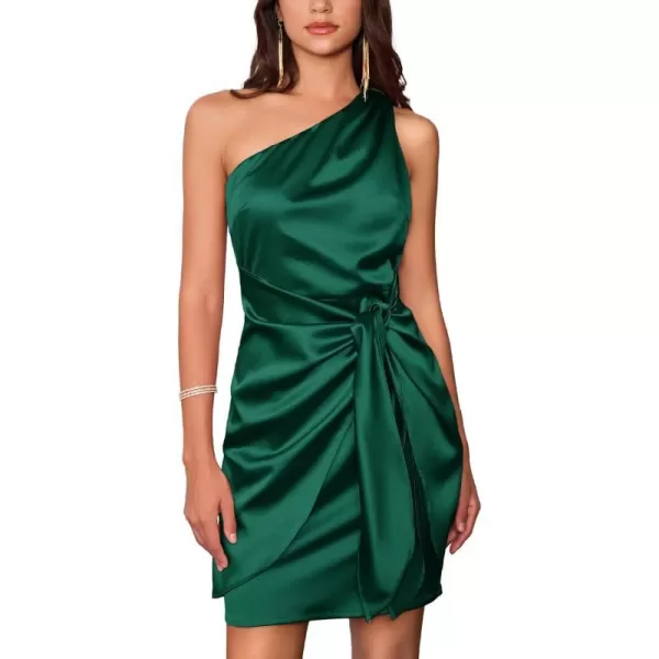 GRACE KARIN Women Satin Dress Cocktail One Shoulder Sleeveless Bodycon Tie Waist Party Mini DressesDark Green