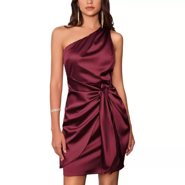 GRACE KARIN Women Satin Dress Cocktail One Shoulder Sleeveless Bodycon Tie Waist Party Mini DressesDark Red