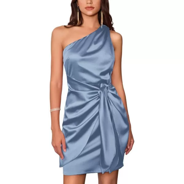 GRACE KARIN Women Satin Dress Cocktail One Shoulder Sleeveless Bodycon Tie Waist Party Mini DressesGray Blue