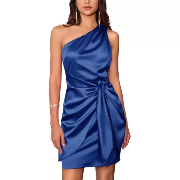 GRACE KARIN Women Satin Dress Cocktail One Shoulder Sleeveless Bodycon Tie Waist Party Mini DressesRoyal Blue