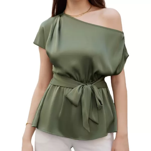 GRACE KARIN Women Satin Silk Tops Short Sleeve One Off Shoulder Shirt Elastic Waist Party Blouses with BeltArmy Green