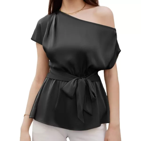 GRACE KARIN Women Satin Silk Tops Short Sleeve One Off Shoulder Shirt Elastic Waist Party Blouses with BeltBlack