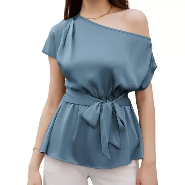 GRACE KARIN Women Satin Silk Tops Short Sleeve One Off Shoulder Shirt Elastic Waist Party Blouses with BeltBlue Grey