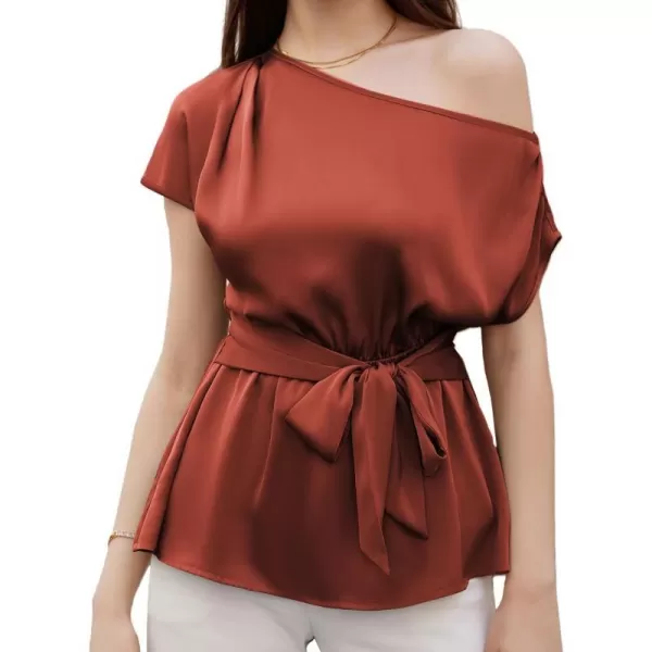 GRACE KARIN Women Satin Silk Tops Short Sleeve One Off Shoulder Shirt Elastic Waist Party Blouses with BeltMaroon