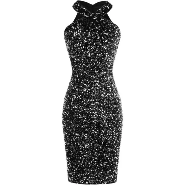 GRACE KARIN Women Sequin Dress Sleeveless Sparkly Glitter Halter Dress Bodycon Mini Club DressesBlack Silvervelvet Sequin