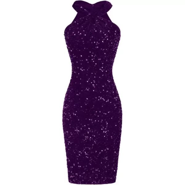 GRACE KARIN Women Sequin Dress Sleeveless Sparkly Glitter Halter Dress Bodycon Mini Club DressesPurplevelvet Sequin