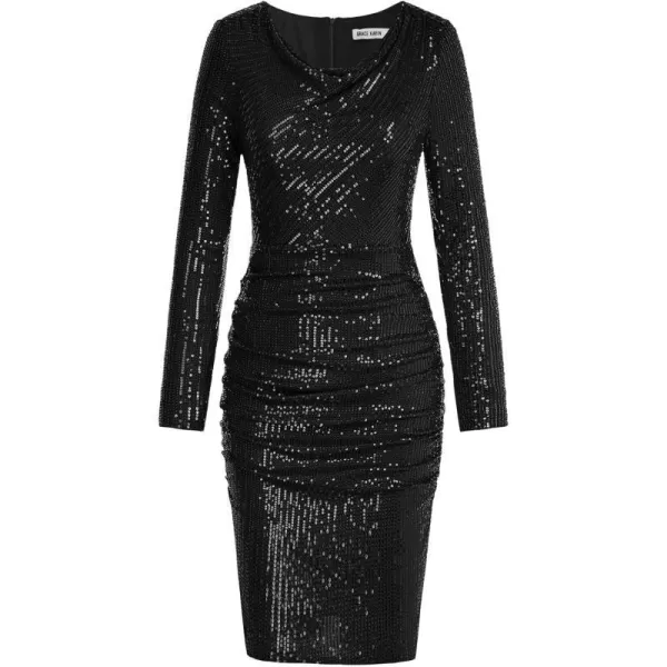 GRACE KARIN Women Sequin Dress Sparkly Glitter Cowl Neck Cocktail Party Club Dress Long Sleeve Ruched Bodycon DressesBlack