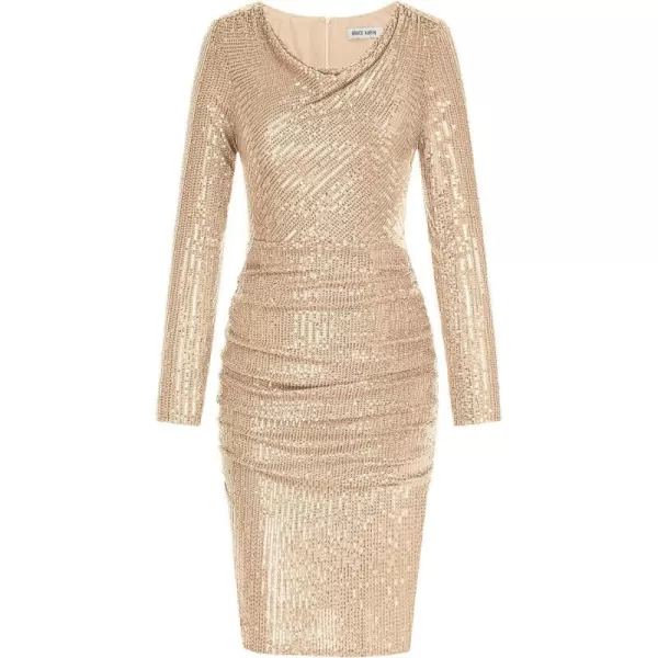 GRACE KARIN Women Sequin Dress Sparkly Glitter Cowl Neck Cocktail Party Club Dress Long Sleeve Ruched Bodycon DressesRose Gold