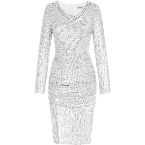 GRACE KARIN Women Sequin Dress Sparkly Glitter Cowl Neck Cocktail Party Club Dress Long Sleeve Ruched Bodycon DressesSilver White