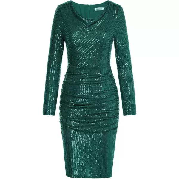 GRACE KARIN Women Sequin Dress Sparkly Glitter Cowl Neck Cocktail Party Club Dress Long Sleeve Ruched Bodycon DressesTeal