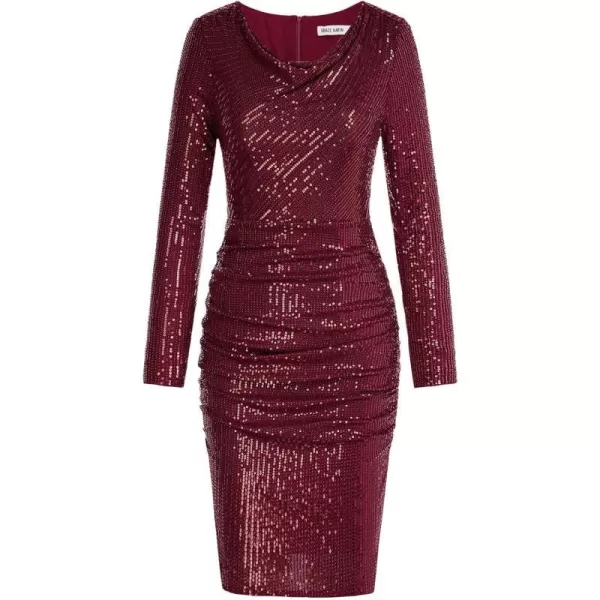 GRACE KARIN Women Sequin Dress Sparkly Glitter Cowl Neck Cocktail Party Club Dress Long Sleeve Ruched Bodycon DressesWine Red