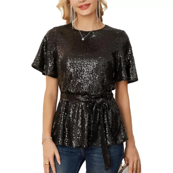 GRACE KARIN Women Sequin Party Cocktails Tops Short Sleeve Crew Neck Elastic Tie Waist Peplum BlousesBlack