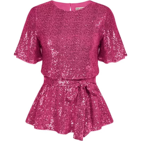 GRACE KARIN Women Sequin Party Cocktails Tops Short Sleeve Crew Neck Elastic Tie Waist Peplum BlousesHot Pink