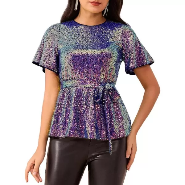 GRACE KARIN Women Sequin Party Cocktails Tops Short Sleeve Crew Neck Elastic Tie Waist Peplum BlousesPurpeblack Linig