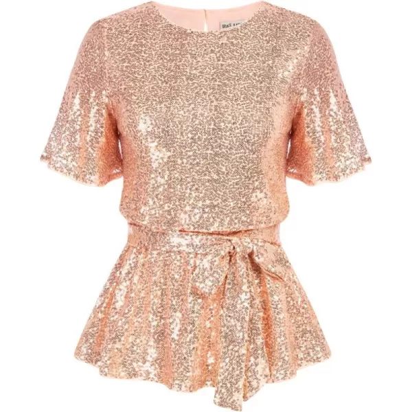 GRACE KARIN Women Sequin Party Cocktails Tops Short Sleeve Crew Neck Elastic Tie Waist Peplum BlousesRose Gold