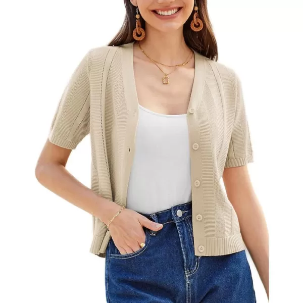 GRACE KARIN Women Short Sleeve Cropped Cardigan Crochet Knit Lightweight Button Down V Neck Bolero Sweater Top 2024Beige