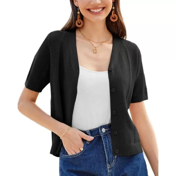 GRACE KARIN Women Short Sleeve Cropped Cardigan Crochet Knit Lightweight Button Down V Neck Bolero Sweater Top 2024Black