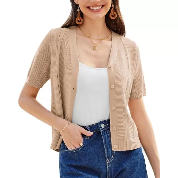 GRACE KARIN Women Short Sleeve Cropped Cardigan Crochet Knit Lightweight Button Down V Neck Bolero Sweater Top 2024Khaki