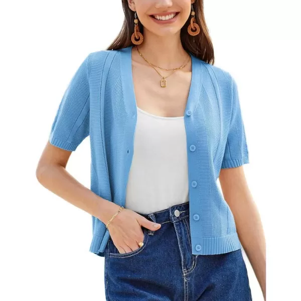 GRACE KARIN Women Short Sleeve Cropped Cardigan Crochet Knit Lightweight Button Down V Neck Bolero Sweater Top 2024Light Blue