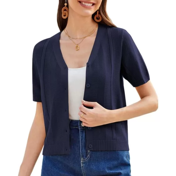 GRACE KARIN Women Short Sleeve Cropped Cardigan Crochet Knit Lightweight Button Down V Neck Bolero Sweater Top 2024Navy Blue