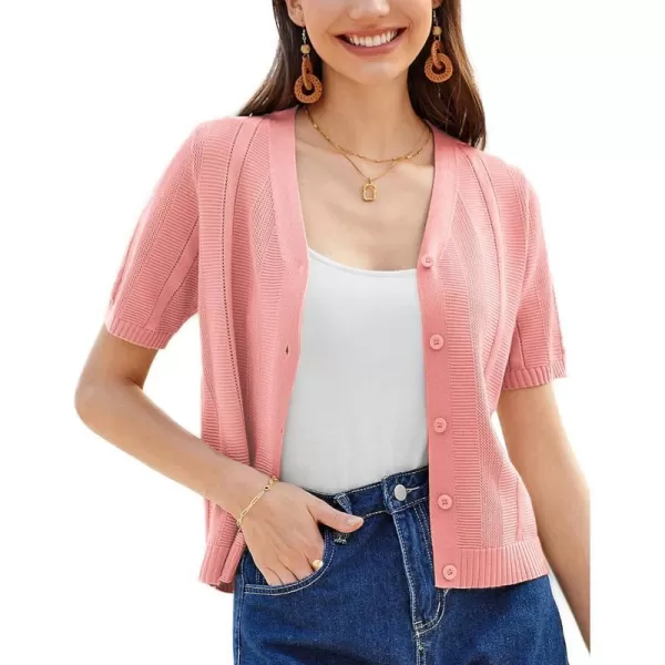 GRACE KARIN Women Short Sleeve Cropped Cardigan Crochet Knit Lightweight Button Down V Neck Bolero Sweater Top 2024Pink