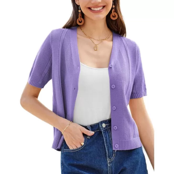 GRACE KARIN Women Short Sleeve Cropped Cardigan Crochet Knit Lightweight Button Down V Neck Bolero Sweater Top 2024Purple