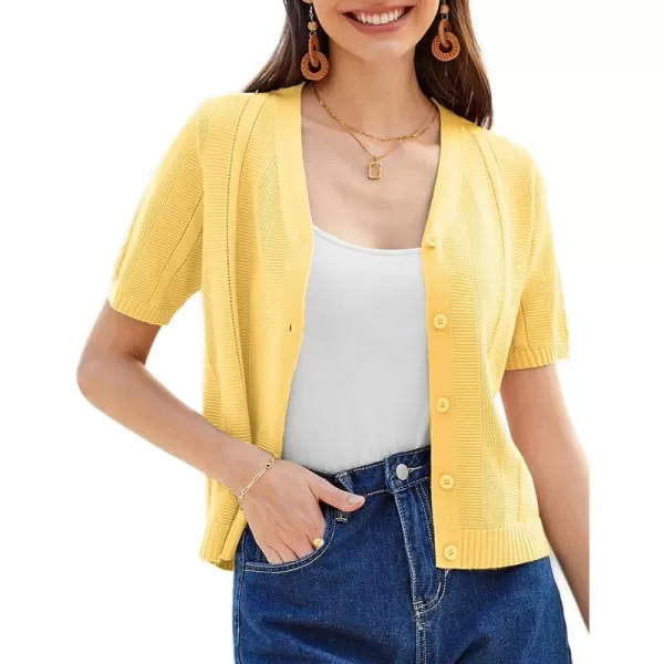 GRACE KARIN Women Short Sleeve Cropped Cardigan Crochet Knit Lightweight Button Down V Neck Bolero Sweater Top 2024Yellow