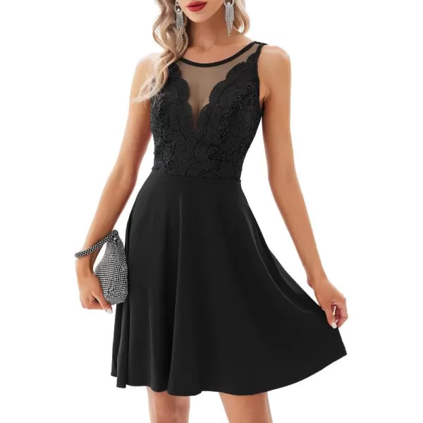 GRACE KARIN Women Sleeveless Lace Patchwork Deep VNeck A Line Flared Party DressBlack