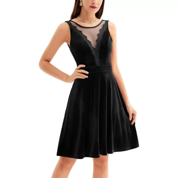 GRACE KARIN Women Sleeveless Lace Patchwork Deep VNeck A Line Flared Party DressBlackvelvet