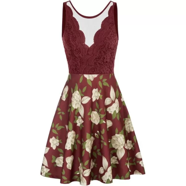 GRACE KARIN Women Sleeveless Lace Patchwork Deep VNeck A Line Flared Party DressBurgundy Floral