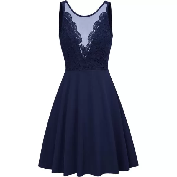 GRACE KARIN Women Sleeveless Lace Patchwork Deep VNeck A Line Flared Party DressDark Blue