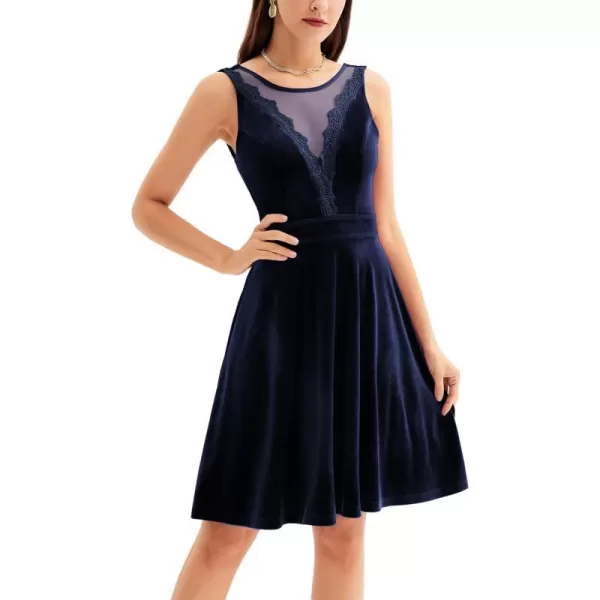 GRACE KARIN Women Sleeveless Lace Patchwork Deep VNeck A Line Flared Party DressDark Bluevelvet