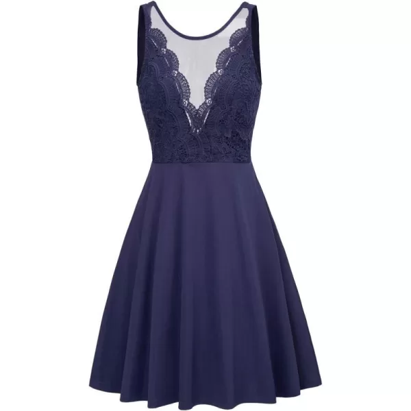 GRACE KARIN Women Sleeveless Lace Patchwork Deep VNeck A Line Flared Party DressNavy Blue Backlesshigh