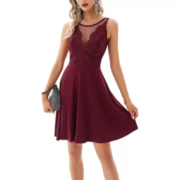 GRACE KARIN Women Sleeveless Lace Patchwork Deep VNeck A Line Flared Party DressWine Red Backlesshigh