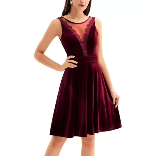 GRACE KARIN Women Sleeveless Lace Patchwork Deep VNeck A Line Flared Party DressWine Redvelvet