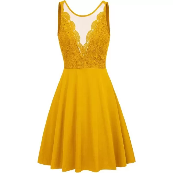 GRACE KARIN Women Sleeveless Lace Patchwork Deep VNeck A Line Flared Party DressYellow