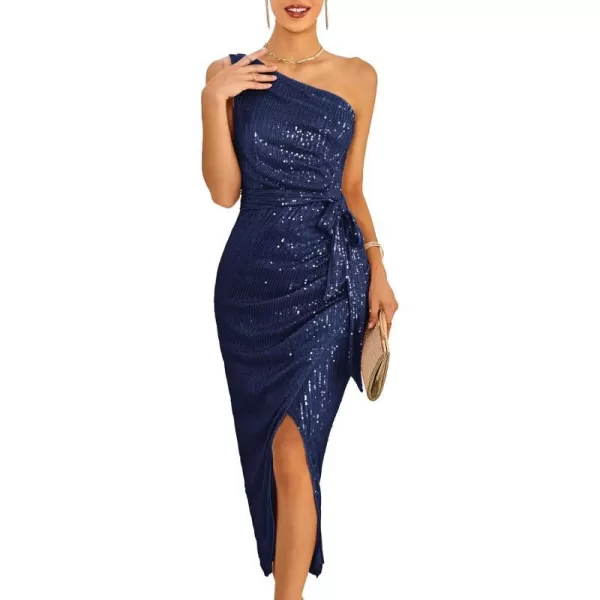 GRACE KARIN Women Sleeveless One Shoulder Sequin Dress Sparkly Glitter Wrap Dress Cocktail Wedding Maxi Dresses with SlitDark Blue